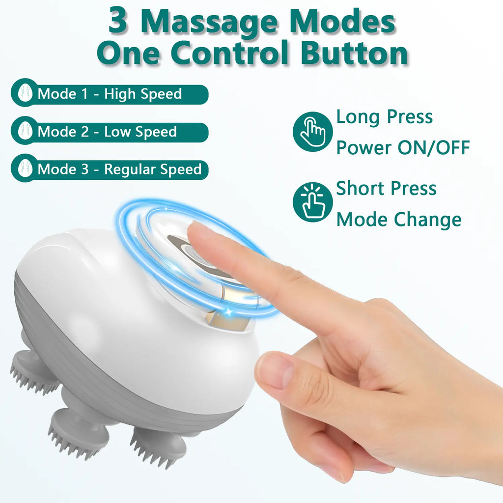 TISSCARE Electric Scalp Massager, Cordless Head Massager for Hair Growth and Stress Relax, 3 Speed Modes, Waterproof Rechargeable Handheld Portable Body & Scalp Head Scratcher Massager with Kneading, Massage Tool, Relaxation Tool, Neck Shoulder Leg Waist