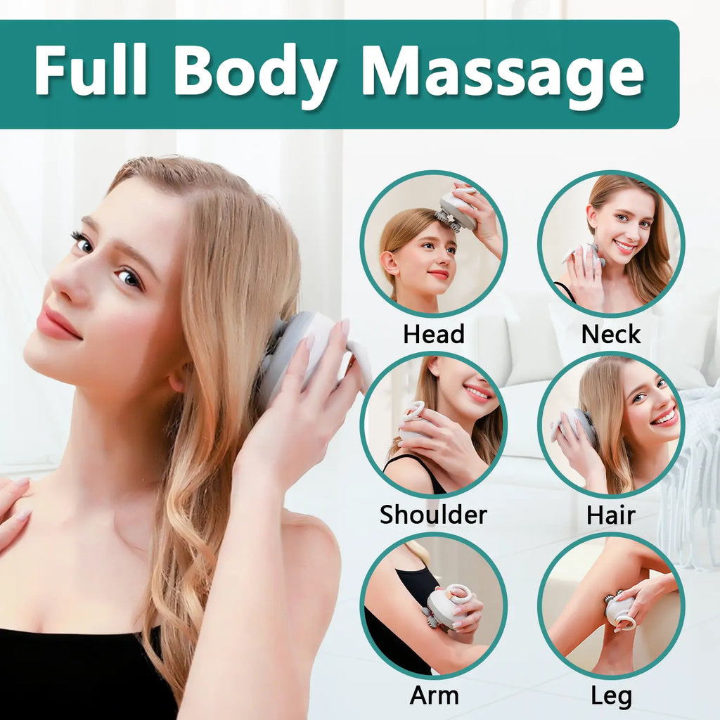 TISSCARE Electric Scalp Massager, Cordless Head Massager for Hair Growth and Stress Relax, 3 Speed Modes, Waterproof Rechargeable Handheld Portable Body & Scalp Head Scratcher Massager with Kneading, Massage Tool, Relaxation Tool, Neck Shoulder Leg Waist